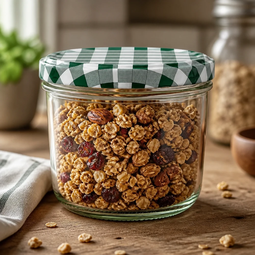 230ml Krossade glasögon + BasicSeal-lock grön/vit UNiTWIST Förvaringsburk 230ml fylld med müsli nötter BasicSeal lock grön-vit rutig förvaringsburk kök träbord