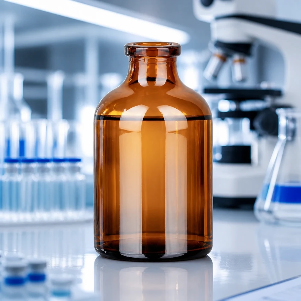 Injektionsflaska av bärnstensfärgat glas 50ml Sterile Braunglas Injektionsflasche 50ml mit zylindrischem Körper und eingezogenem Hals