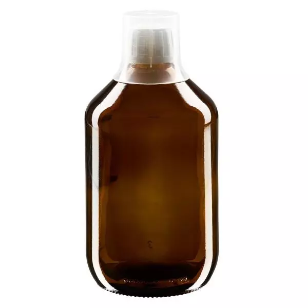 500 ml medicinflaska brun, förslutning med sabotageskydd och doseringsbägare 30 ml ApoGlas