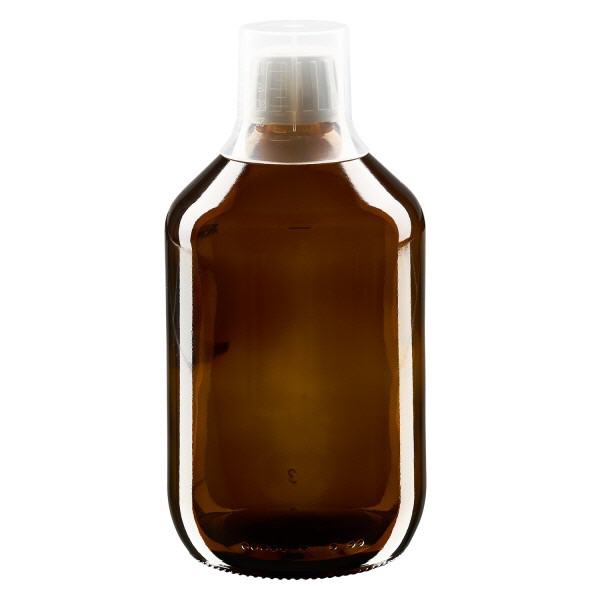 500 ml medicinflaska brun, förslutning med sabotageskydd och doseringsbägare 30 ml ApoGlas