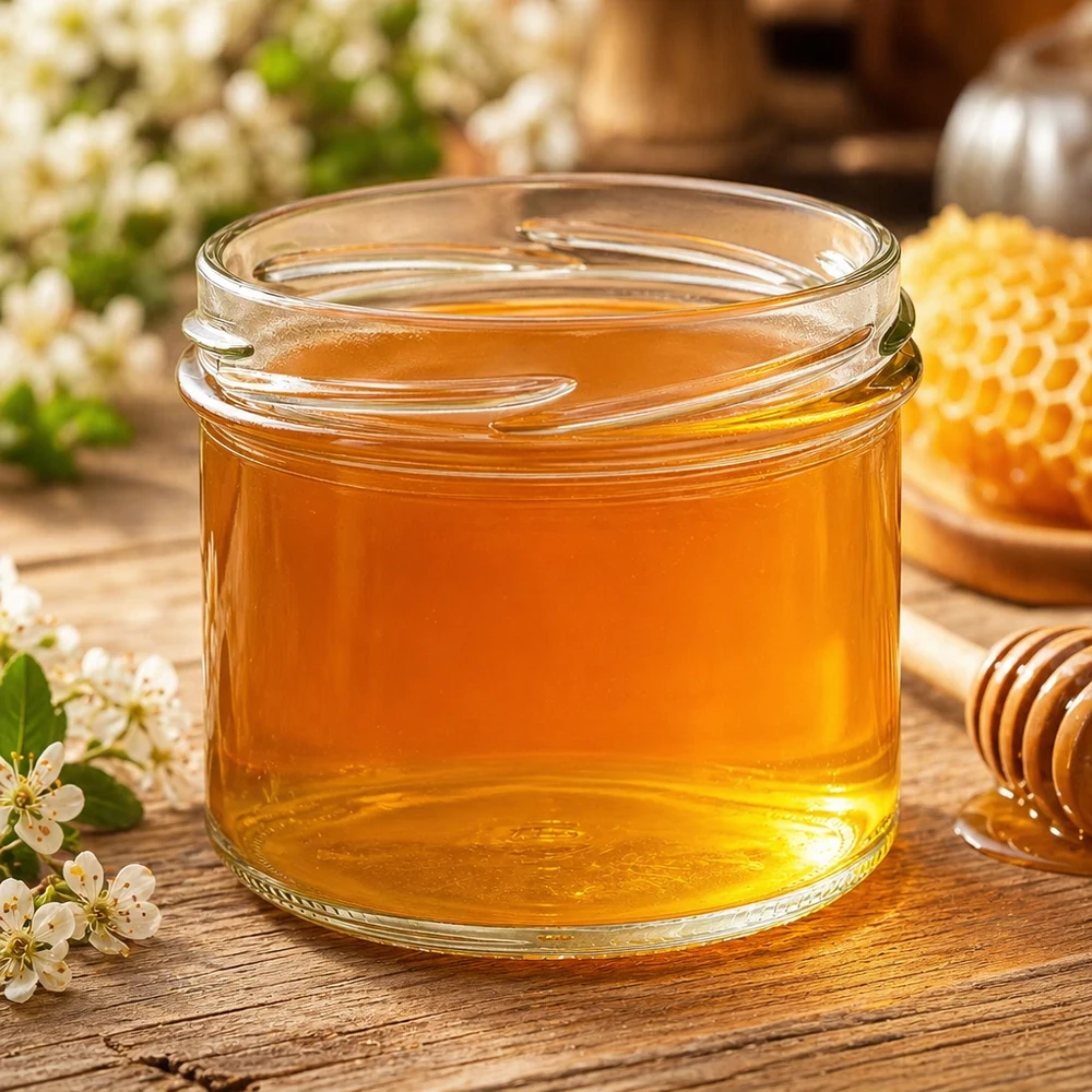 UNiTWIST Sturz225 tumlare 225ml TO82 fyllda med gyllene honung på ett träbord med bikakor och blommor