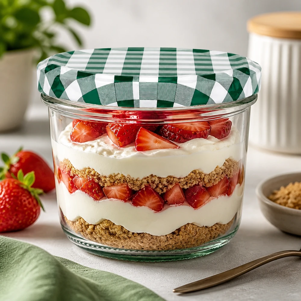 230 ml dessertburk jordgubbstrifli skiktad dessert BasicSeal lock grönt och vitt rutigt dessertkök