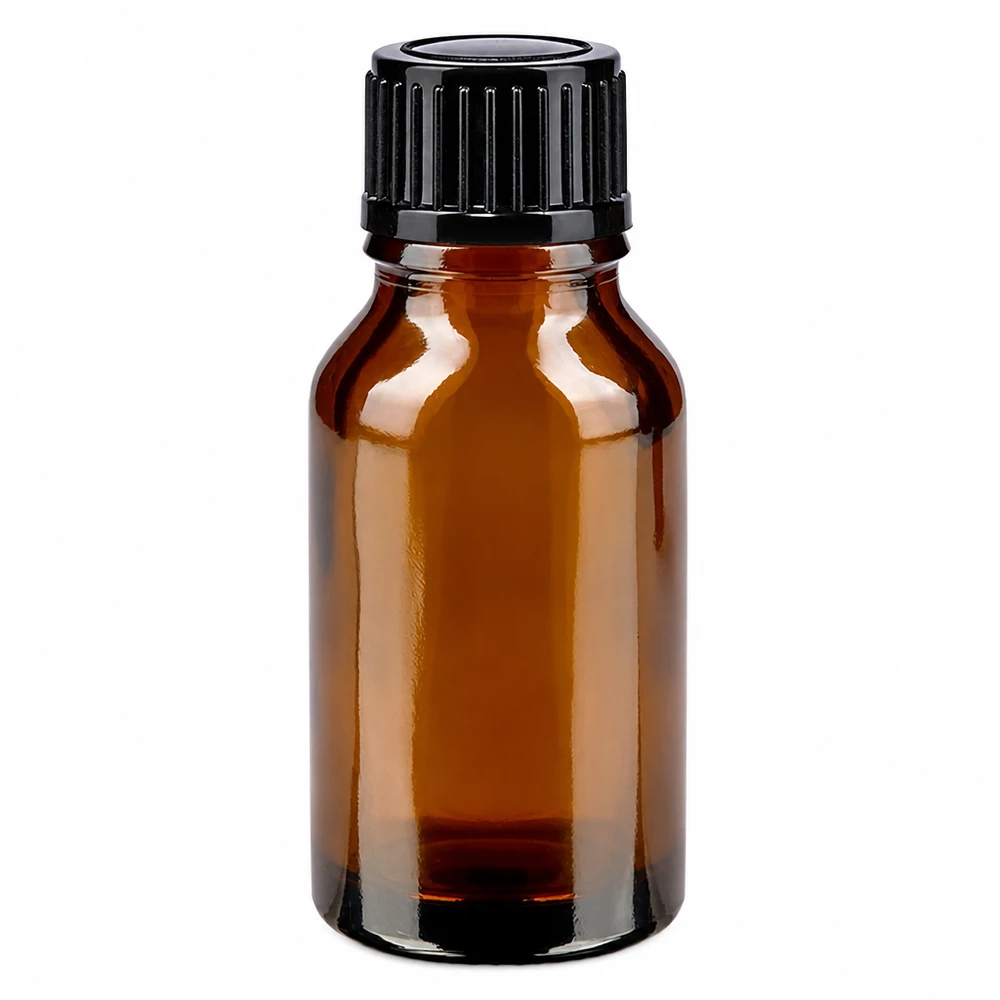 Apoteksflaska brun 15ml dropplock 1mm svart standard Brun apoteksflaska, 15 ml, med svart dropplock, 1 mm, av brunt glas