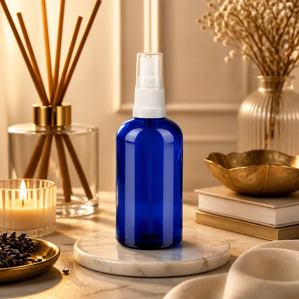 100 ml glasflaska med spraypump i elegant blå färg för kosmetiska produkter av hög kvalitet