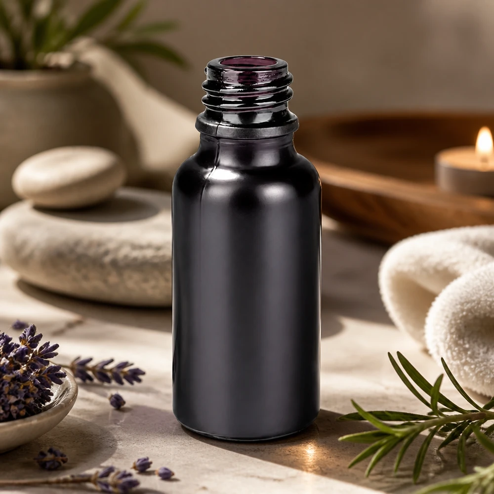 20ml apoteksflaska BlackLine UT18/20 UNiTWIST Svart glasflaska 20 ml med droppgänga UT18/20 för eteriska oljor och tinkturer