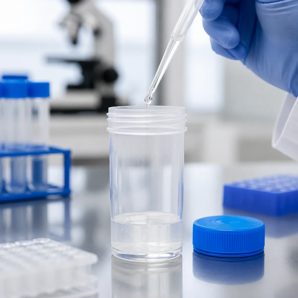 Universal plastburk (patho-kärl) 50ml Laboratorieteknikern pipetterar vätska i en steril 50 ml-burk med vid hals och blått lock