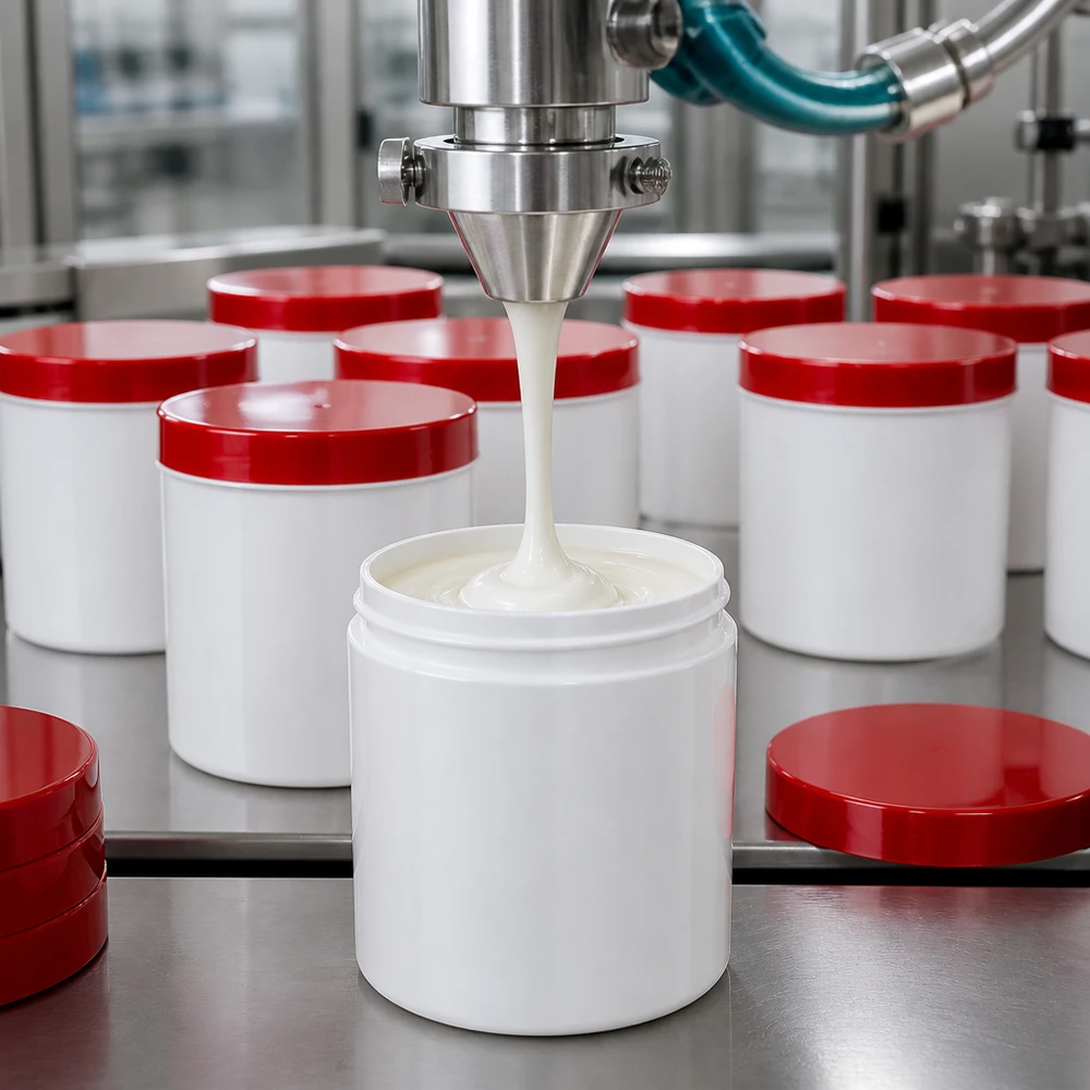 Automatisk fyllning av vita 1000 g-salvburkar med röda PP-skruvlock i produktionen