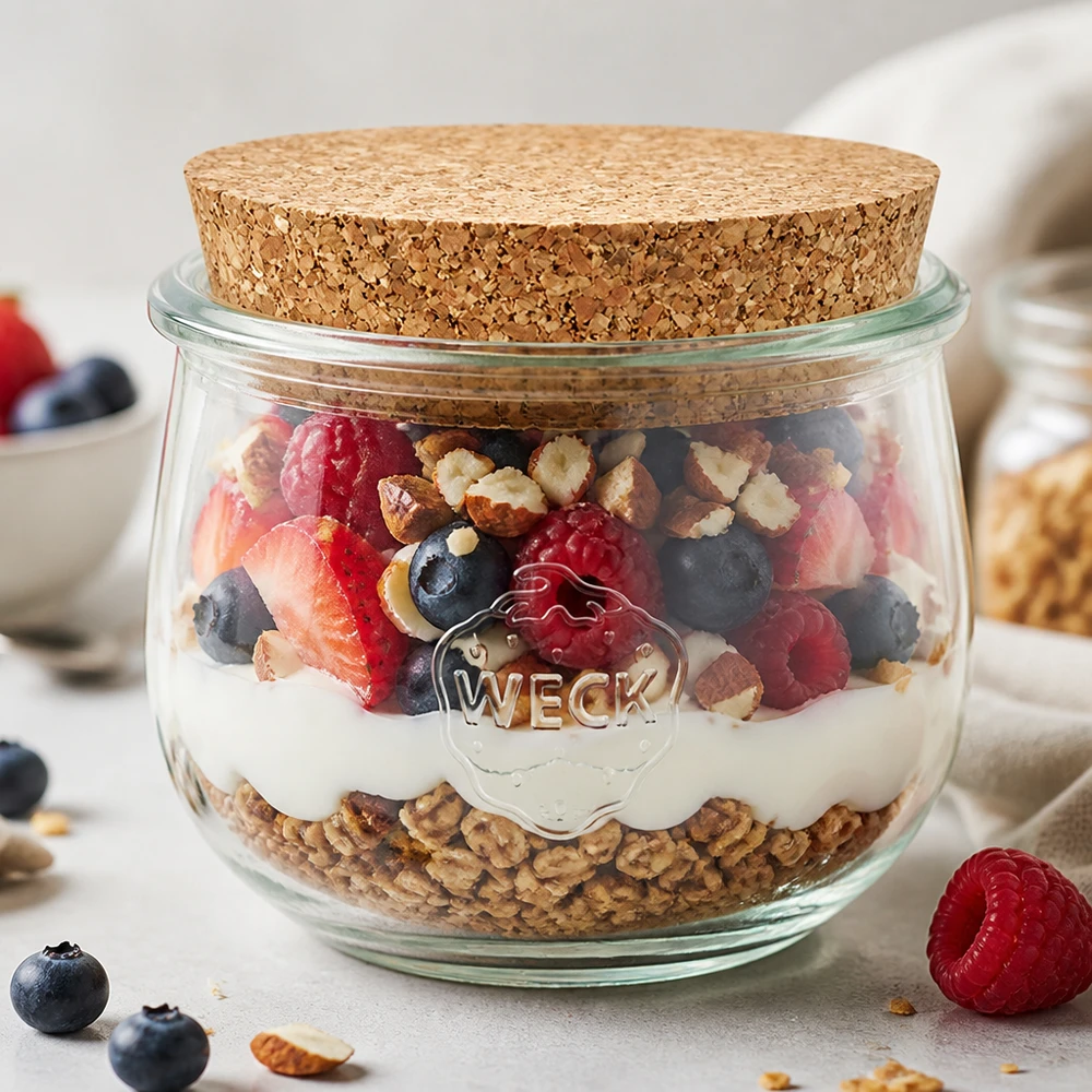 580ml tulpanburk WECK RR100 med kork naturell WECK tulpanburk 580ml med korklock som müsliburk fylld med yoghurt, bär och nötter Frukost i burk