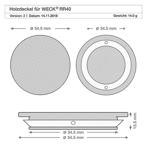 Otryckt lock i trä (bok) för WECK RR40 Teknisk ritning trälock WECK RR40 med måtten diameter 54,5mm och 34,5mm höjd 5mm vikt 14g