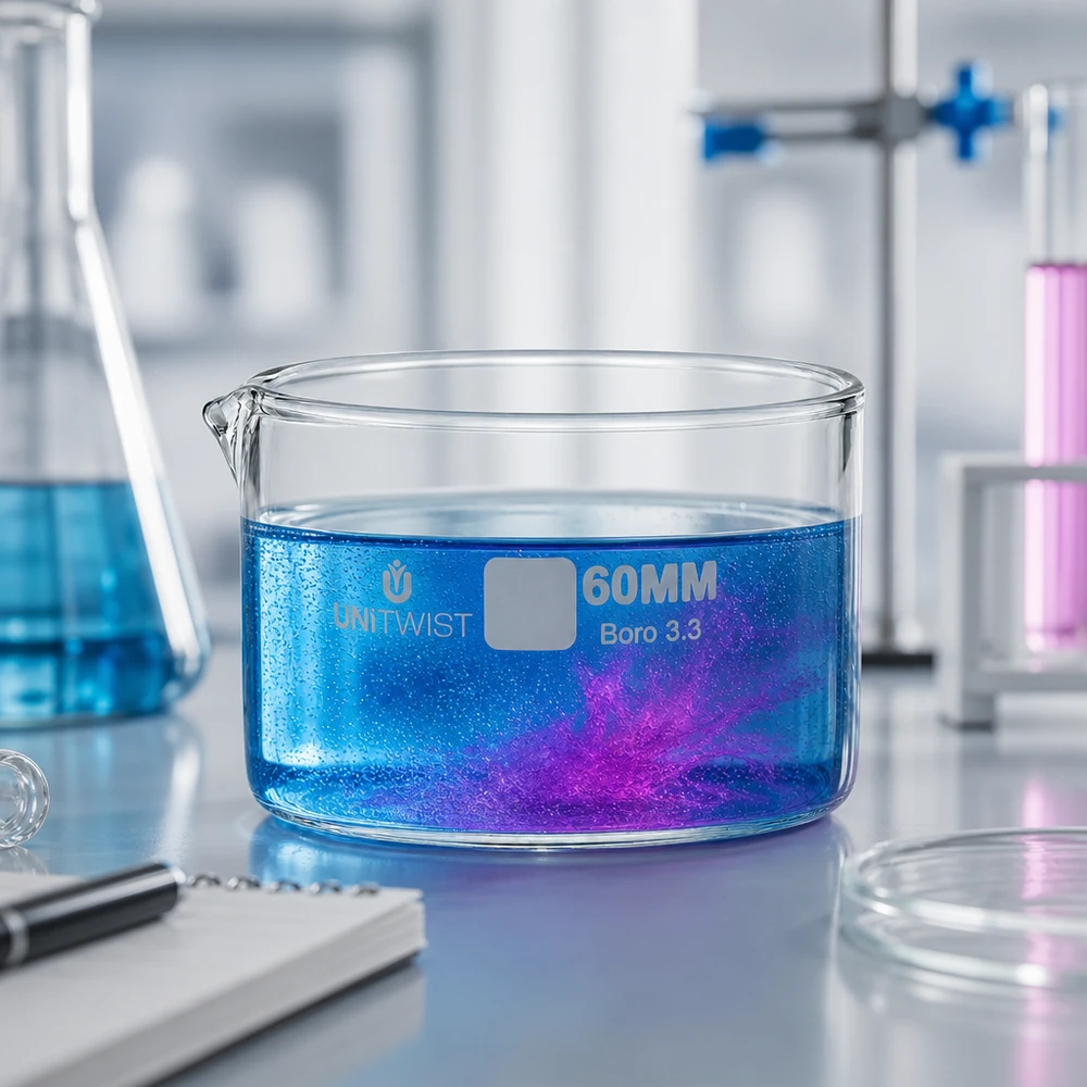 Kristalliseringsskål ø60mm borosilikatglas UNiTWIST Kristallisationsskål 60 mm UNiTWIST med blå-violett färgreaktion i en professionell laboratoriemiljö
