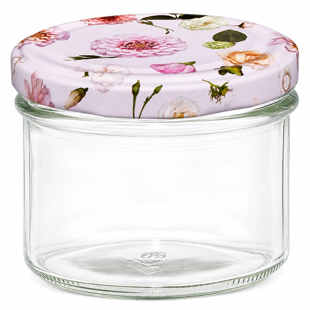 225 ml murarburk med BasicSeal-lock med rosa blommor - tom konserveringsburk för sylt och konserver