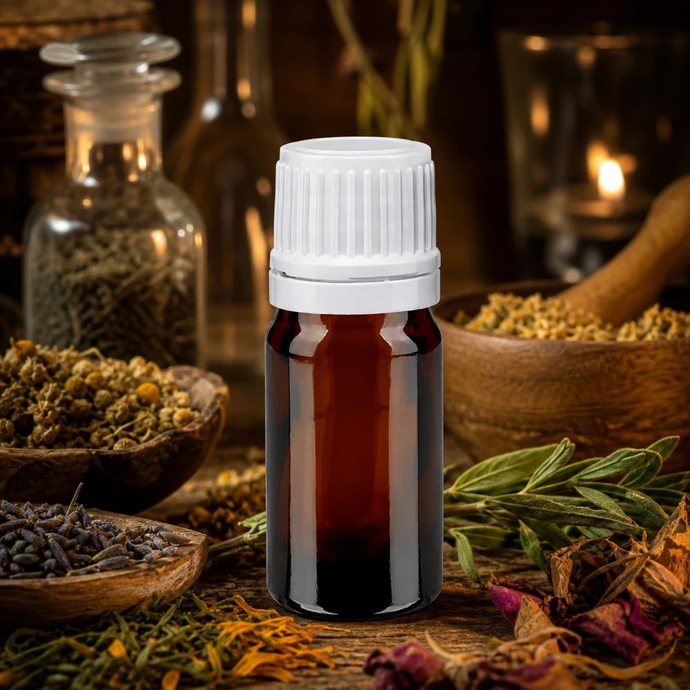 Aromaterapisats med medicinalväxter, innehållande en 5 ml brun apotekarflaska med vitt skruvlock och örter
