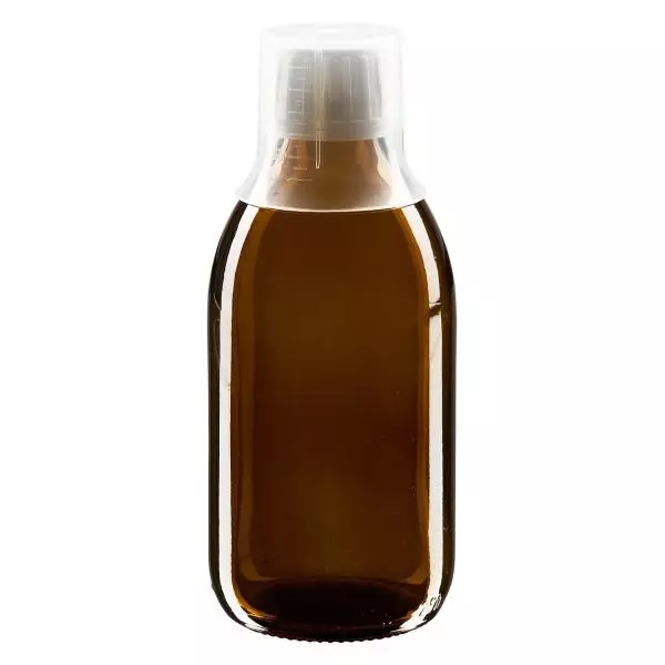 250 ml medicinflaska brun, säkerhetsförslutning med doseringsbägare 30 ml ApoGlas