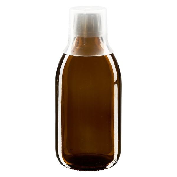 250 ml medicinflaska brun, säkerhetsförslutning med doseringsbägare 30 ml ApoGlas
