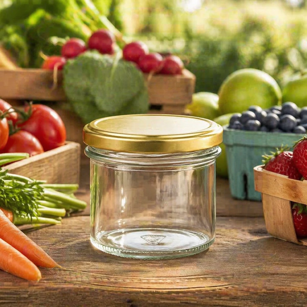 Mugg 125 ml med lock BasicSeal guld UNiTWIST 125ml Sturzglas mit goldenem Deckel zwischen frischem Obst und Gemüse - ideal für hausgemachte Marmelade