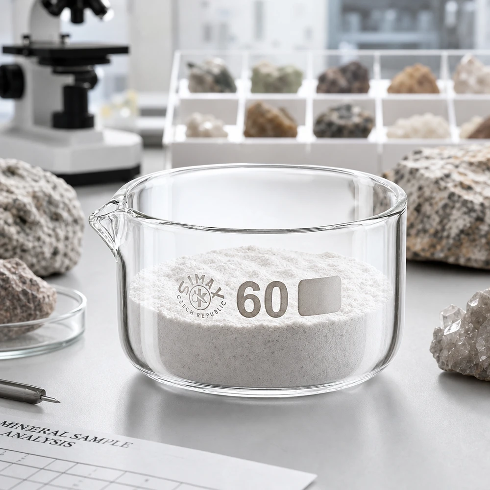 60ml kristalliseringsskål med pip av borosilikat ø60mm Simax kristalliseringsskål 60 ml, vitt mineralpulver, laboratorieanalys, platt glasskål, borosilikatglas