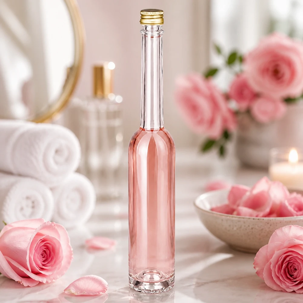 100 ml Toni-glasflaska med rosa vätska i en wellness-spa-atmosfär - UNiTWIST guldlock mellan rosor