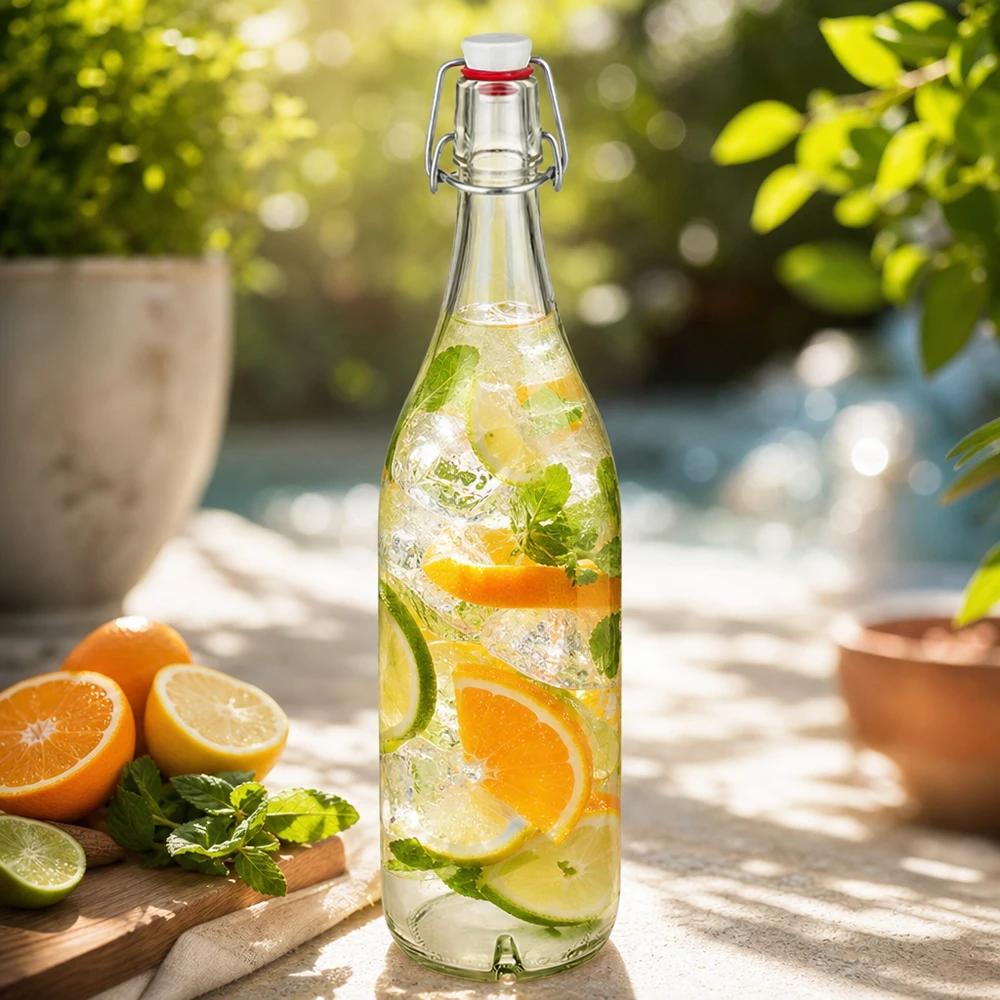 1000 ml glasflaska med svängbar topp fylld med citrusbål apelsin lime mynta på en solig terrass