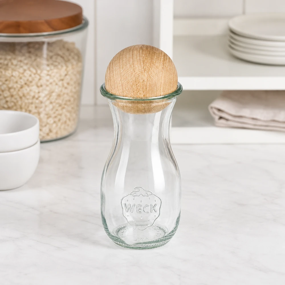 WECK glasflaska 290ml RR60 med bokträkula i vitt kök bredvid förvaringsburkar och porslinstapel