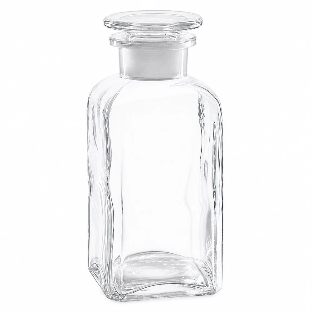 Fyrkantig flaska, 350 ml, klar, med glaspropp och vid hals, tillverkad av högkvalitativt klart glas
