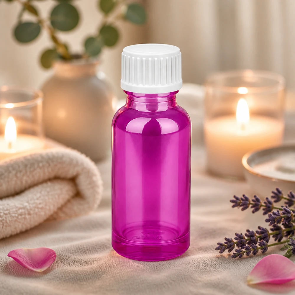 Högkvalitativ 20 ml glasflaska i elegant lila med barnsäkert skruvlock