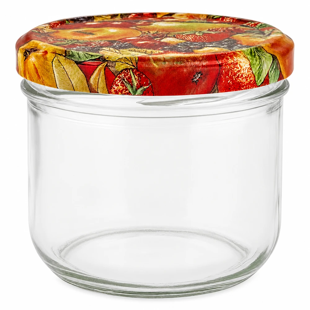 260ml Krossade glasögon + BasicSeal lock fruktdekor UNiTWIST 260 ml murarburk med lock med färgglad fruktdekor, tom konserveringsburk för sylt och konserver