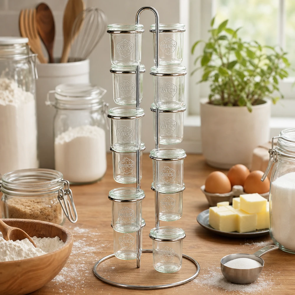 Serveringsställ Vertico12 för 12 WECK Krossade glasögon Backzutaten-Organisation mit WECK Vertico12 Gestell umgeben von Mehl Eiern Butter in heller Küche zeigt Backvorbereitung