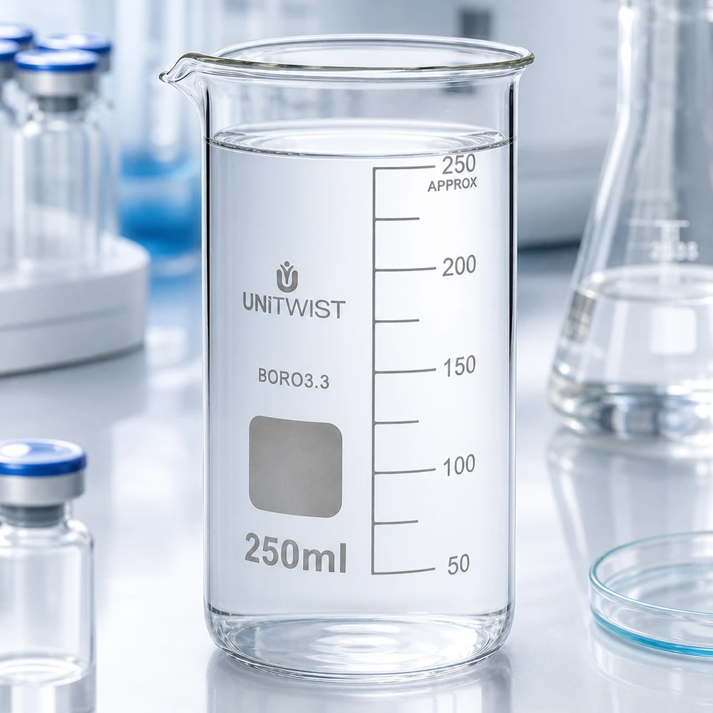 UNITWIST Mätbägare 250 ml, hög modell, borosilikatglas med vitt märkningsfält och millimeterskala