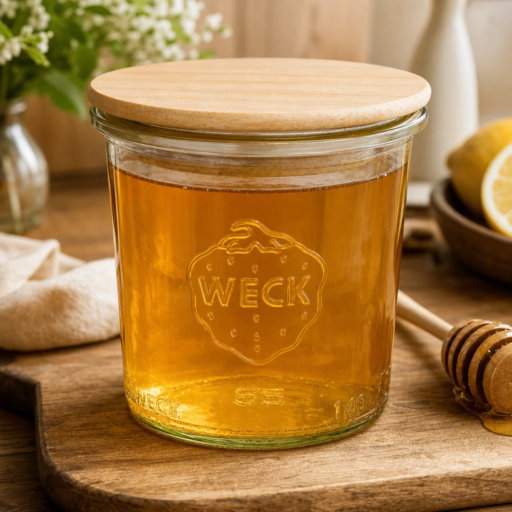 WECK 140 ml RR60-burk fylld med honung och trälock visar mångsidighet för söta pålägg
