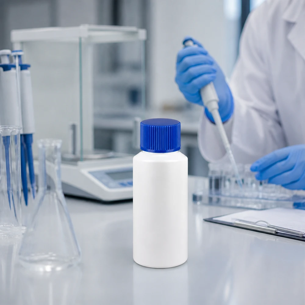 Apoteksflaska HDPE 30ml vit, med blått skruvlock Vit 30 ml HDPE-apotekflaska med blå säkerhetsförslutning i en professionell laboratoriemiljö