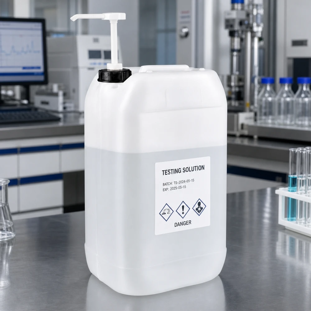 15-liters laboratoriebehållare med doseringspump och GHS-farosymboler för kemikalier
