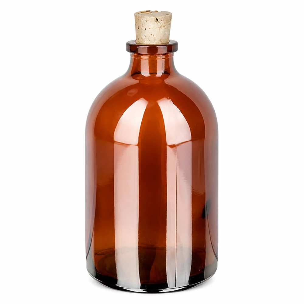 Bärnstensfärgad glasflaska 100ml med kork 11/14mm Medizinflasche Braunglas 100ml mit engem Hals und Korkstopfen 11/14mm Laborqualität