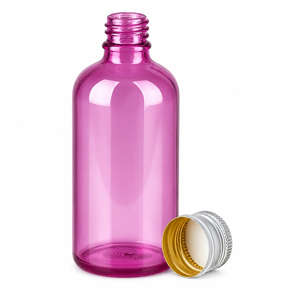 100 ml flaska. 11mm skruvkork aluminium-silver standard PurpleLine. UT18/100 Lila glasflaska 100 ml med silverfärgad skruvkork för eteriska oljor och serum