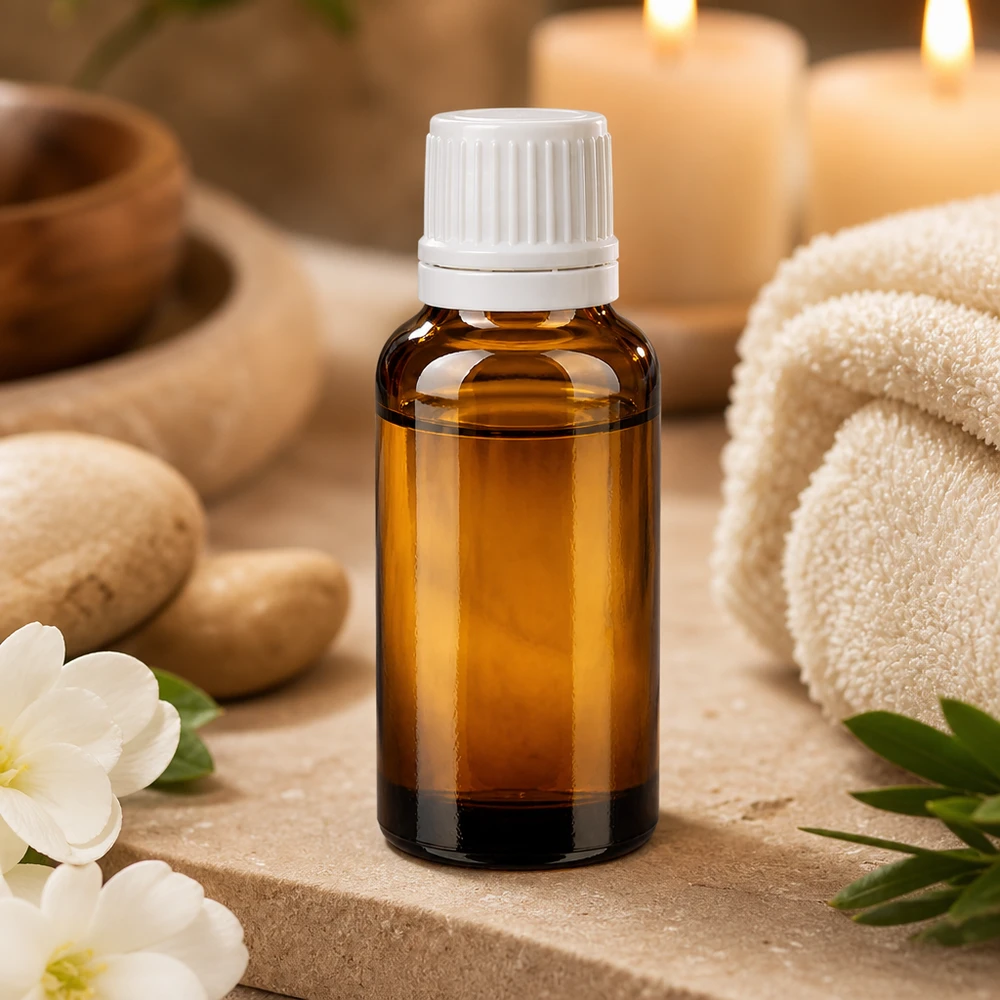 Liten 20 ml apoteksflaska i brunt glas med vit droppkork för massageoljor och välbefinnande