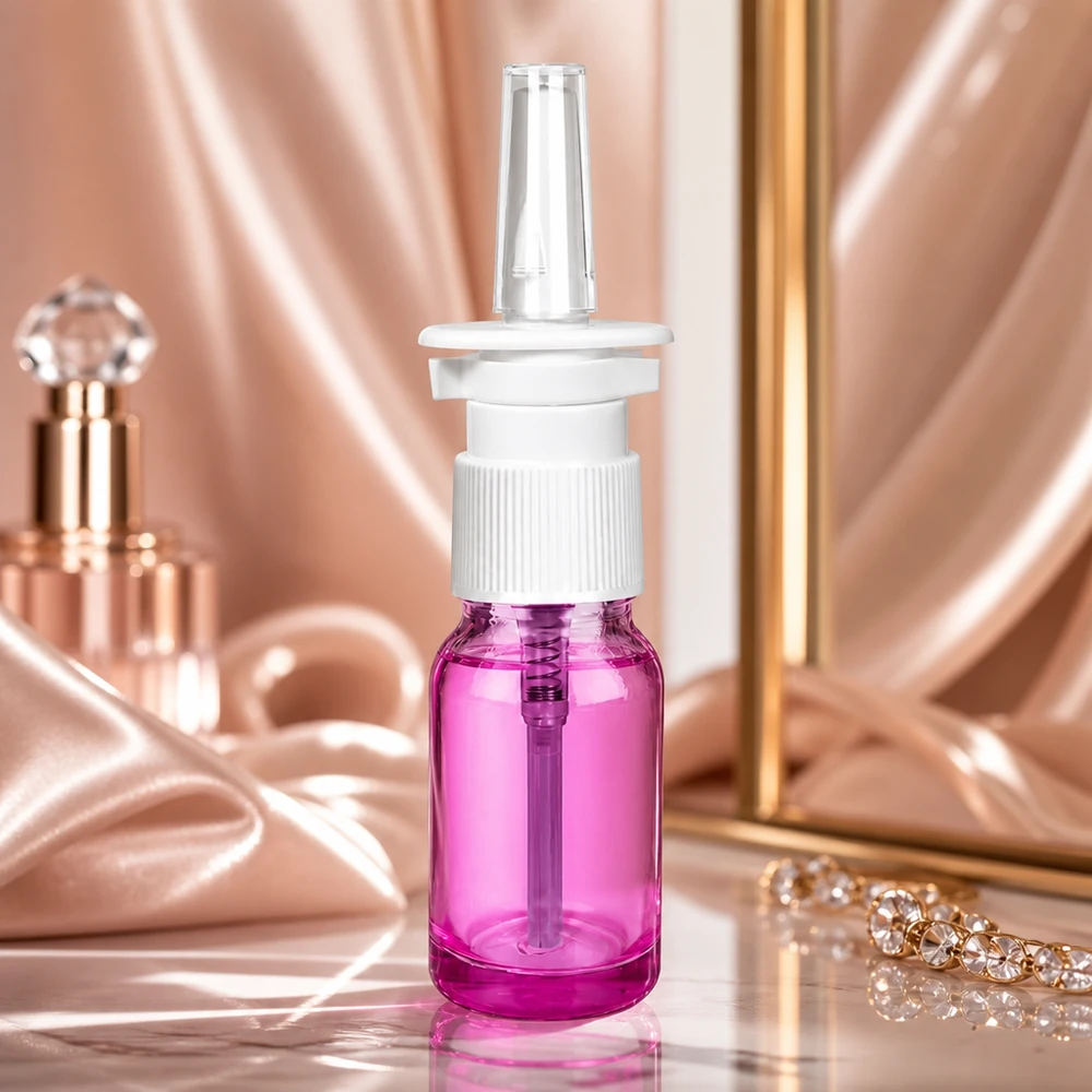 10ml nässprayflaska vit/transparent standard PurpleLine. UT18/10 Premium 10 ml nässprayflaska med vit pump i elegant lila glasdesign för terapi