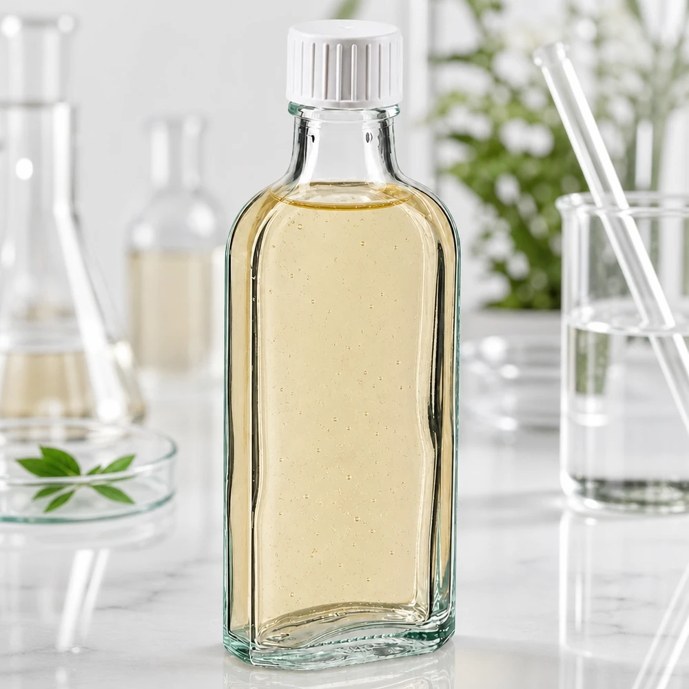 Platt 100 ml Meplat-glasflaska med skruvlock och gult naturxtrakt i laboratoriemiljö