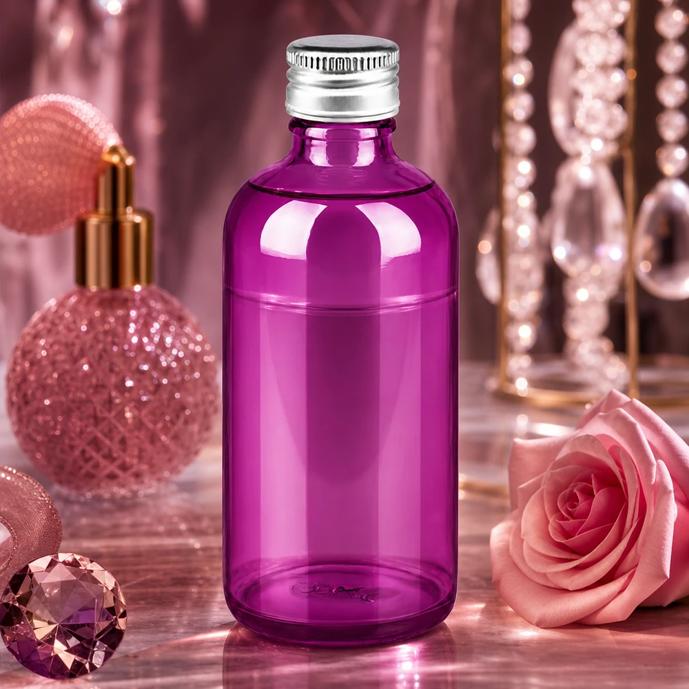 100 ml flaska. 11mm skruvkork aluminium-silver standard PurpleLine. UT18/100 Elegant violett glasflaska 100ml med 11mm standardgänga för professionell kosmetikaförpackning
