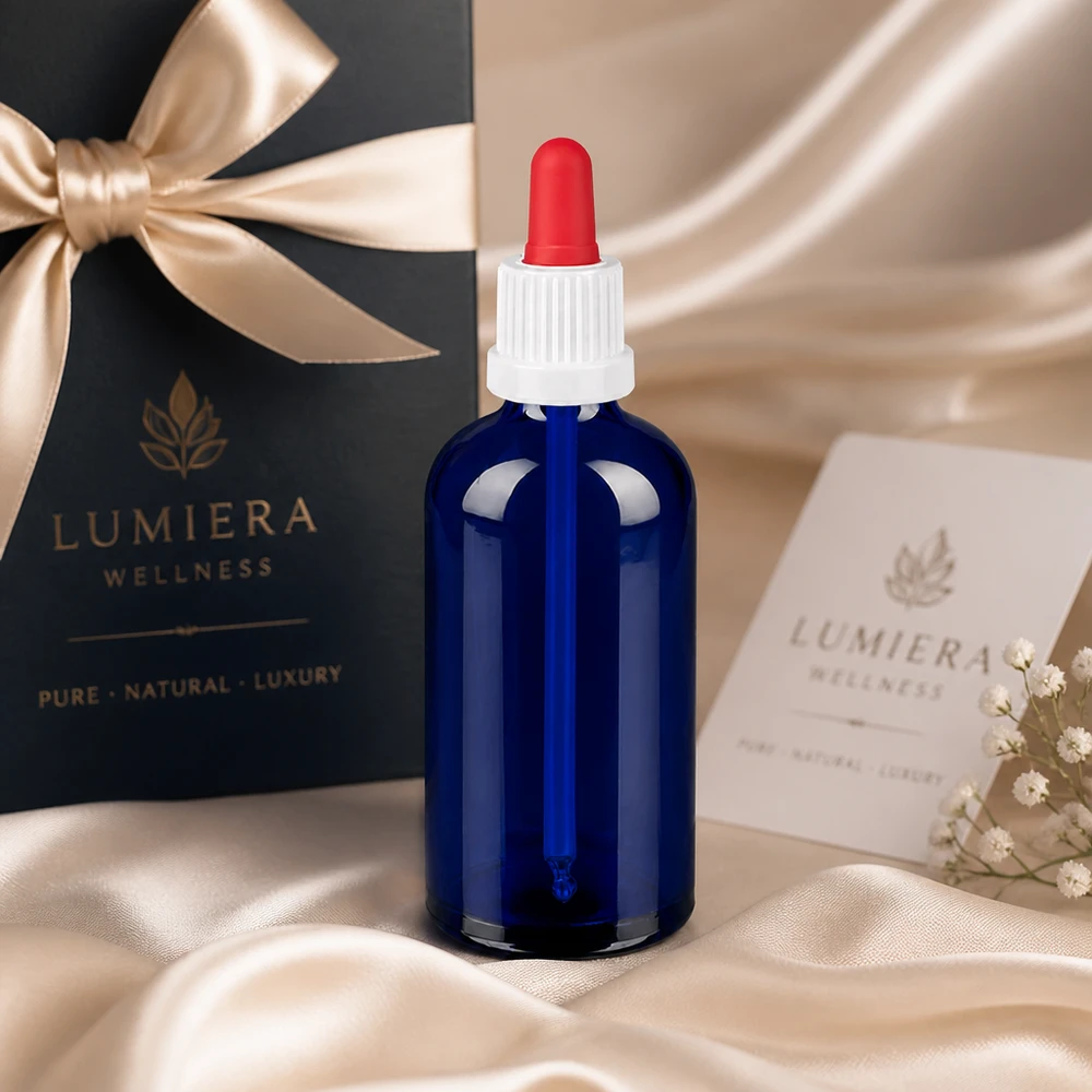 Elegant 100 ml droppflaska i blått glas - perfekt för kosmetika och eteriska oljor