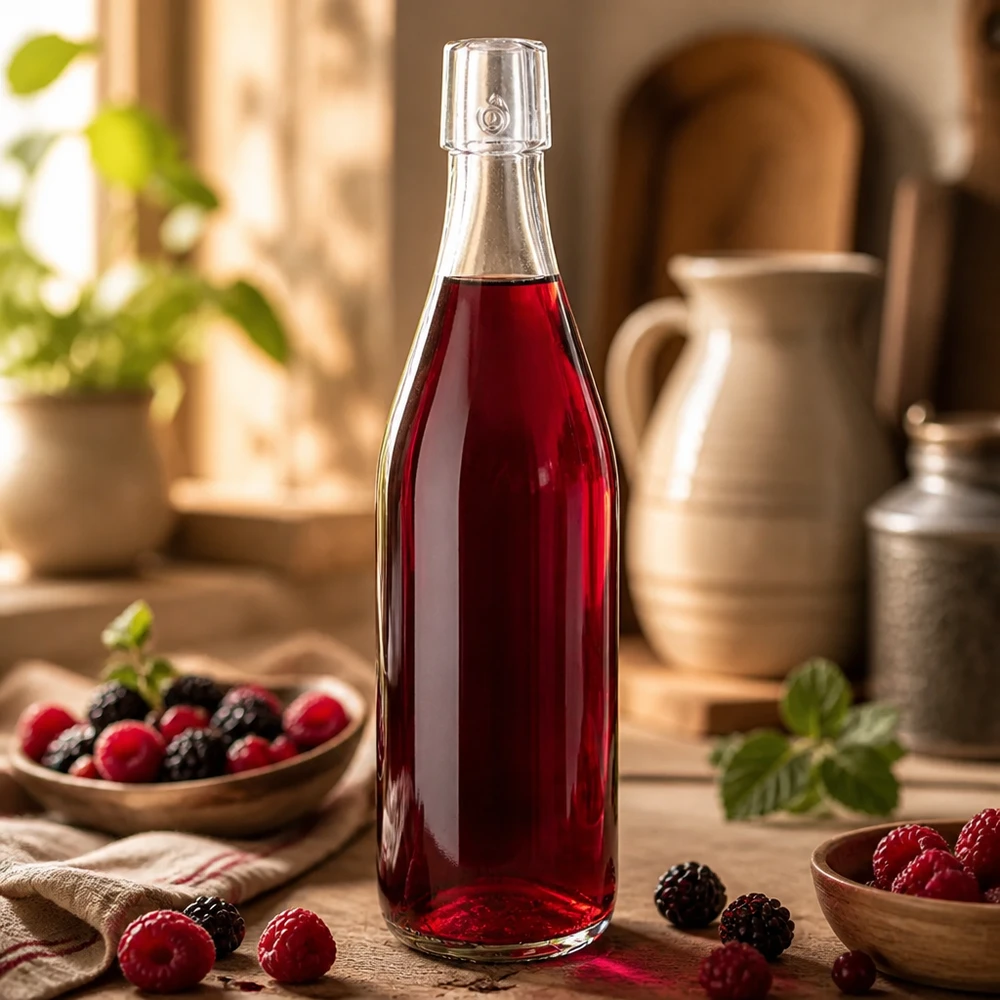 500 ml UNiTWIST-glasflaska fylld med röd bärjuice som en livsstilsapplikation i ett rustikt kök