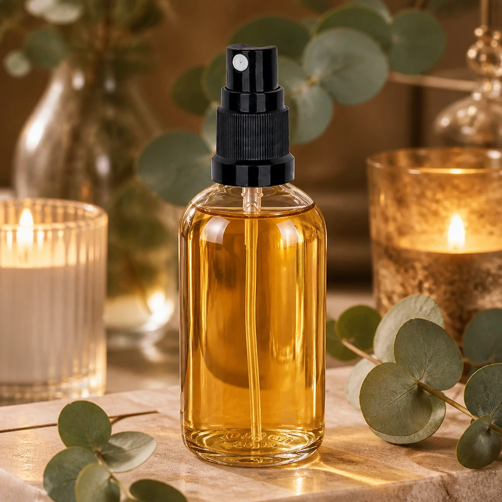 En 100 ml ClearLine-sprayflaska UT18/100 fylld med guld, med svart sprutmunstycke, i en wellness-miljö