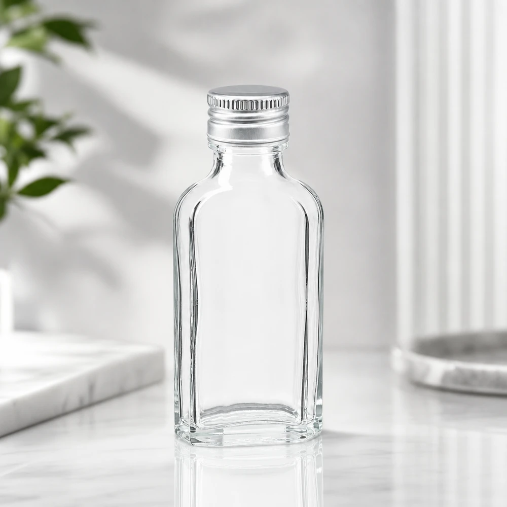 50 ml Meplat klar med aluminiumlock silver PP22 50 ml Meplat-flaska i klart glas med silverfärgat PP22-skruvlock på vit marmoryta