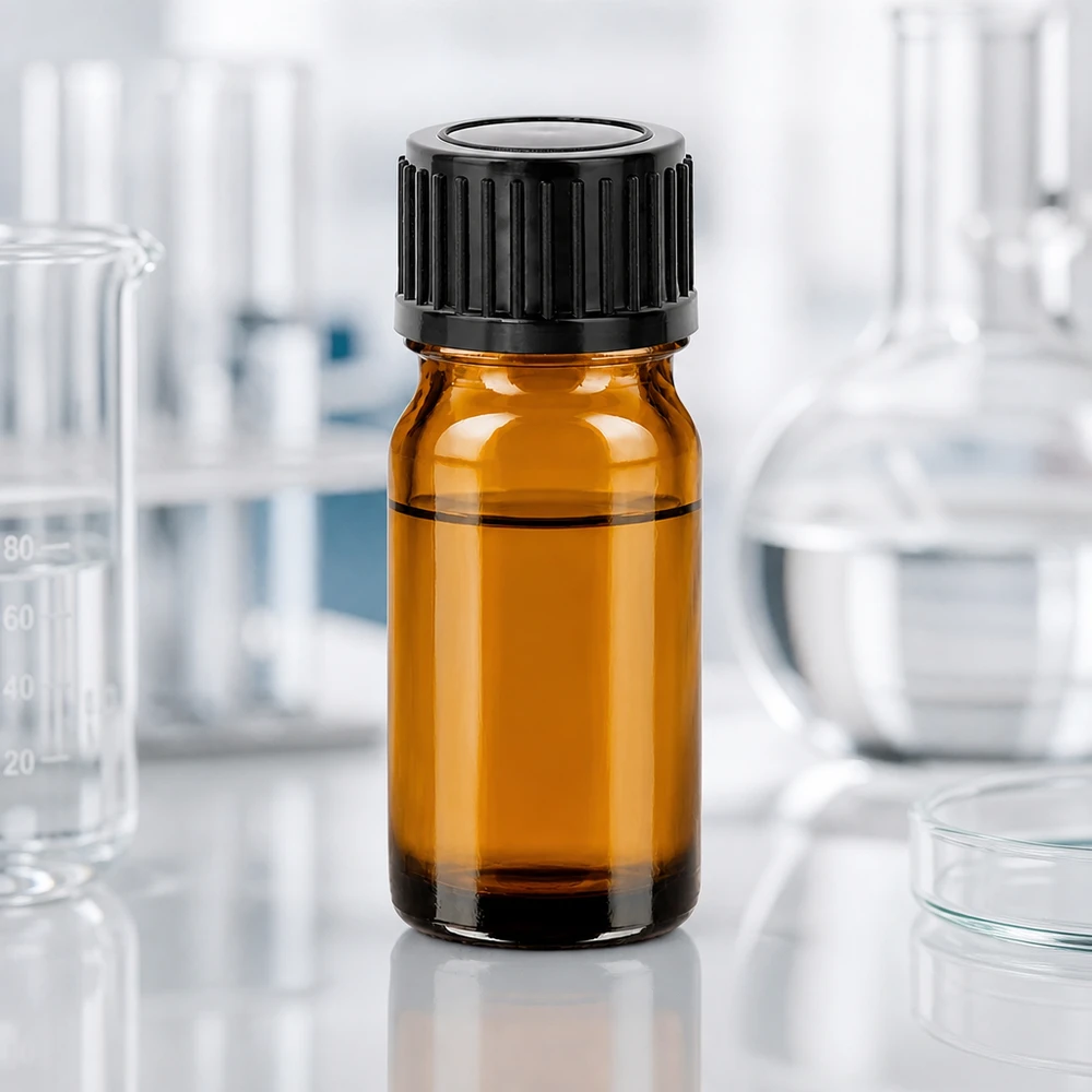Kompakt 5 ml glasflaska i brunt med svart lock för exakt dosering av små mängder
