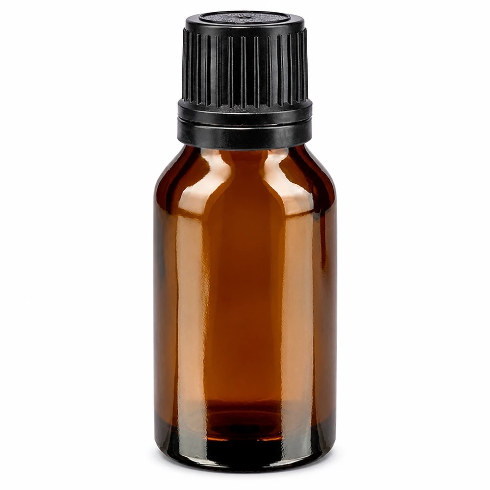 Brun apotekarflaska på 15 ml med svart skruvlock och hällring av brunt glas