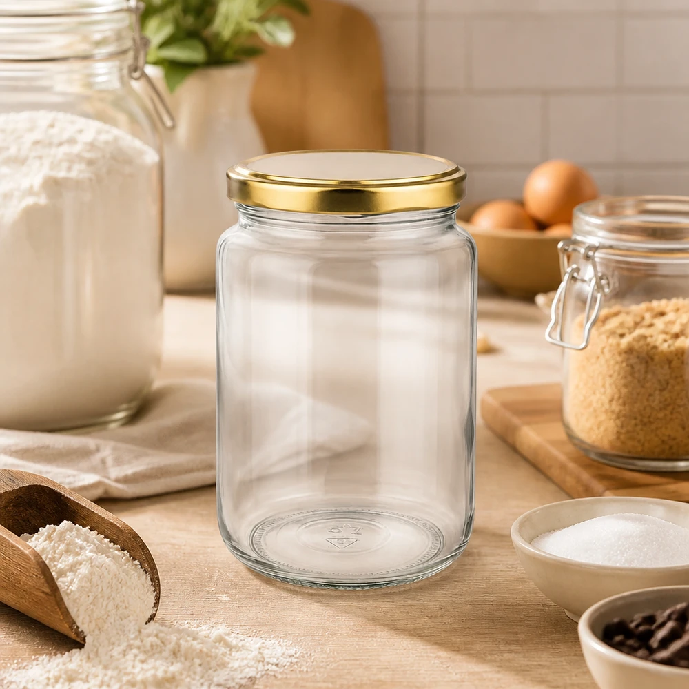 795 ml tom rund burk med gyllene BasicSeal-lock i köksmiljö med mjöl och bakingredienser på träbräda