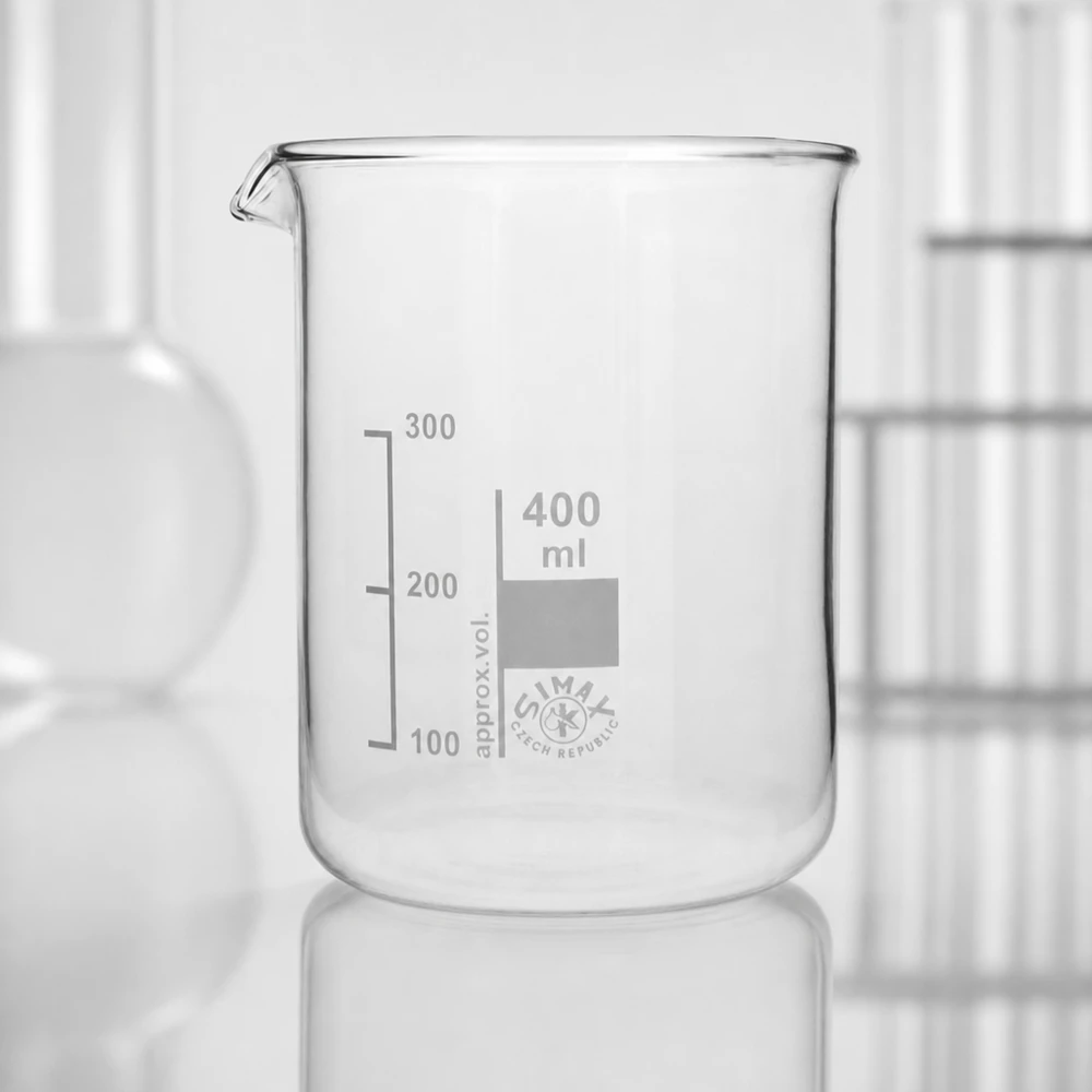 400 ml laboratoriebägare, låg form med praktisk pip för exakt dosering
