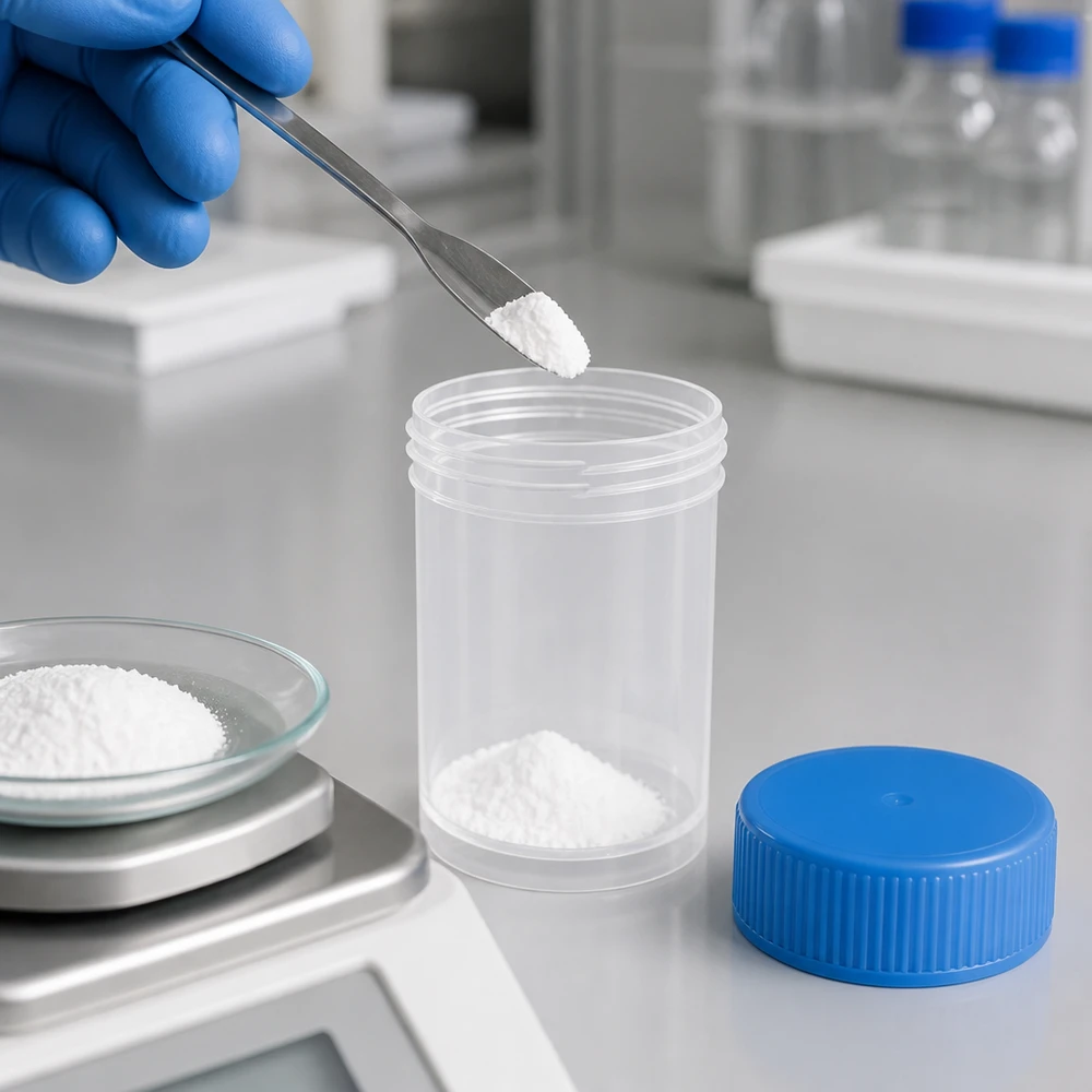 Universal plastburk (patho-kärl) 35ml Vitt pulver fylls med en pincett i en 35 ml provburk av genomskinlig plast