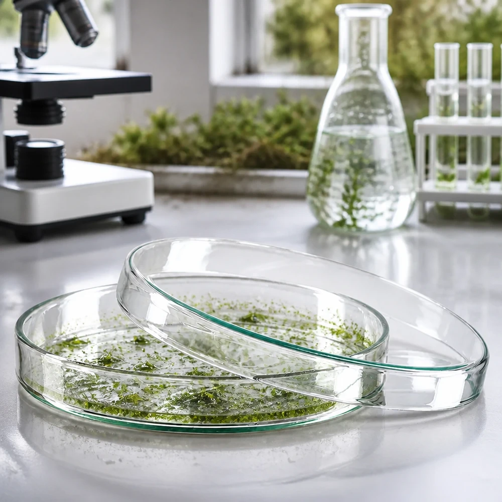Petriskål 120x20mm glas Petriskål 120 x 20 mm av borosilikatglas med gröna algkulturer på en silverfärgad laboratorieyta