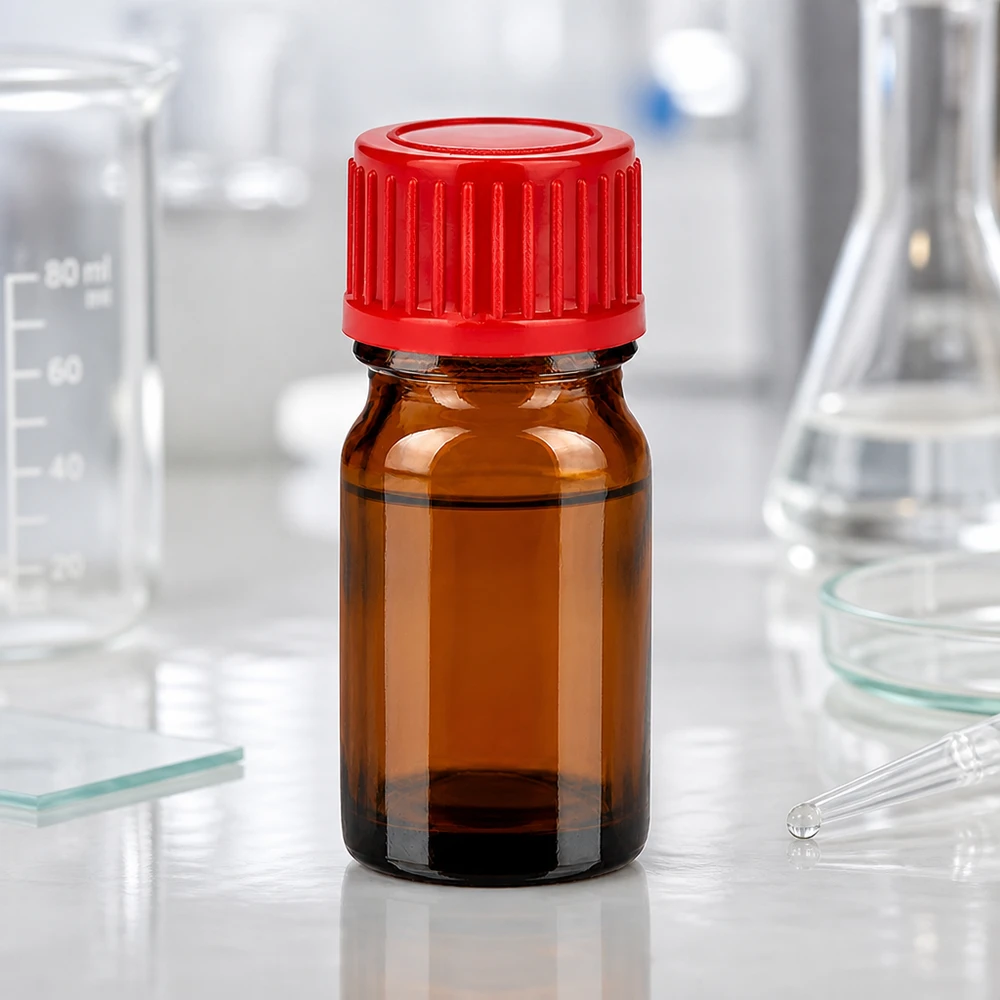 5 ml laboratorieflaska av UV-skyddande bärnstensfärgat glas med tätt rött lock för kemiska ämnen