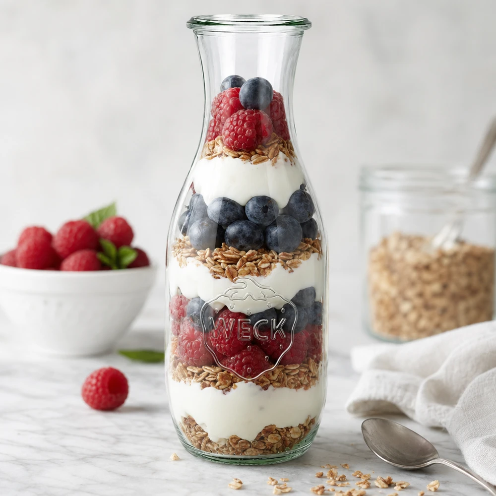 WECK juiceflaska 1062ml RR60 som parfaitburk med yoghurt, bär, granola i lager bredvid sked och frukt