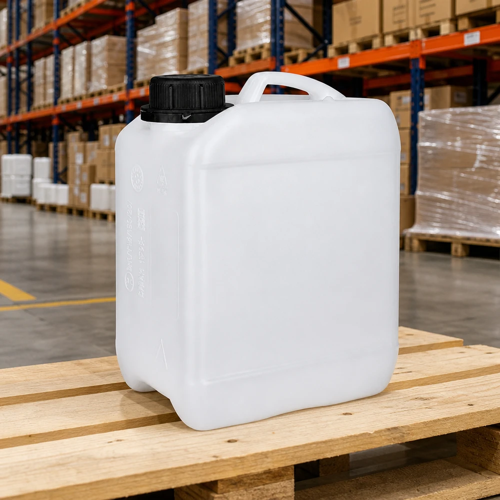 Dunk 2,5 liter med skruvkork och säkerhetsförslutning Rektangulär HDPE-dunk, 2,5 liter, vit, med breda sidor och ergonomiskt bärhandtag